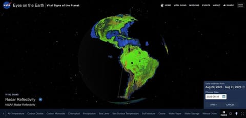 An image from NASA's Eyes on the Earth application showing the NISAR spacecraft's radar refelctivity map of the entire globe.
