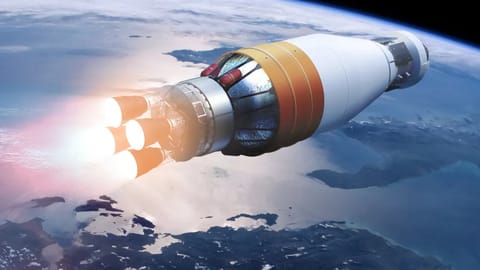 four rocket engines propel a spacecraft above the Earth.