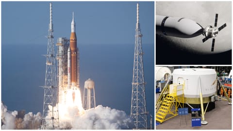 A collage of three images showing NASA's Artemis 2 launch, SpaceX's Starship docked to Orion and the Blue Moon lander