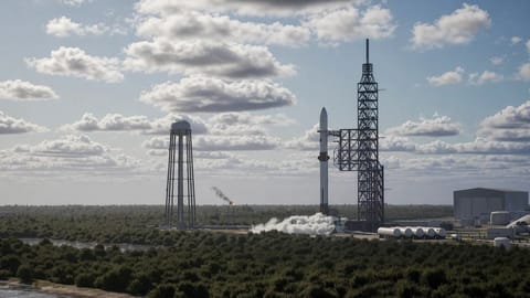illustration of a big white rocket launching into a cloudy blue sky