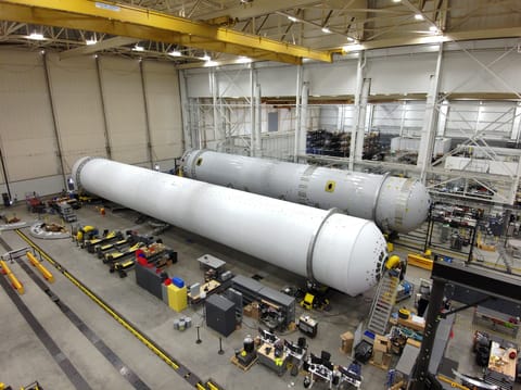 TOS-L-Relativity-Space-Jobs-03 Relativity Space's first stage flight and qualification articles for its Terran R rocket sit at the manufacturing site at its Long Beach, California facilities in this June 2026 handout image. (Courtesy/Relativity Space)
