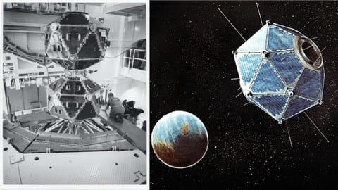 a dodecahedron-shaped satellite in a clean room; and an illustration of the same satellite in orbit above earth