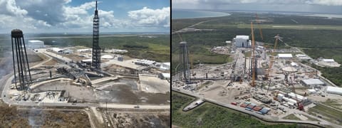 compareblueoriginpad0915 Damage at Blue Origin's Launch Complex 36 seen from drone footage on May 29 after a massive pad explosion, left, with progress on rebuild construction as of September 11. (Courtesy/Blue Origin)