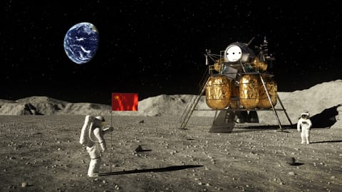 astronauts on the moon planting a Chinese flag