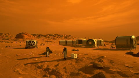 artist's illustration of a small human outpost on mars