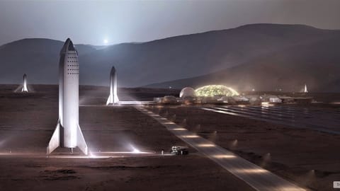 illustration showing several large spacecraft and a domed habitat building on mars