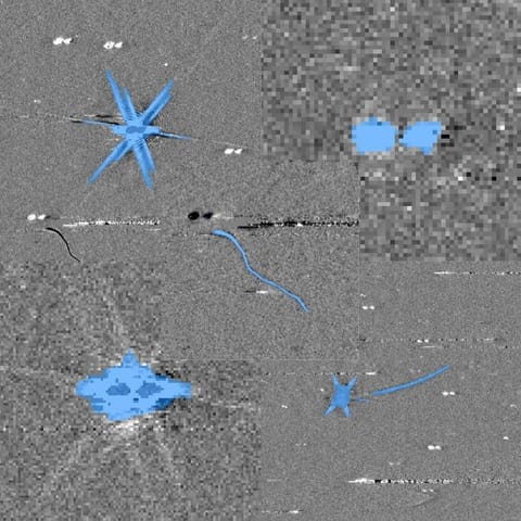 Collage of grayscale space telescope images showing several types of image artifacts, including streaks, curved lines, star-like shapes, and irregular patches. Blue overlays mark pixels identified by an AI model as potentially invalid.