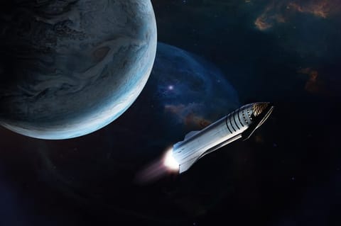 A Starship-style rocket fires its engines in space beside a blue planet.