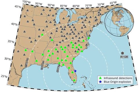 Regional infrasound station coverage and detections for the Blue Origin New Glenn static‐fire explosion. The blue star marks the source location at Launch Complex 36, Cape Canaveral Space Force Station (CCSFS), Florida, United States. Green triangles indicate stations with accepted infrasound detections associated with the event, whereas gray triangles indicate stations with retrieved waveforms but no accepted event signal. Credit: The Seismic Record (2026). DOI: 10.1785/0320260025 Blue Origin e