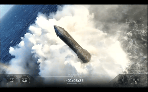 A SpaceX Starship vehicle floats in the Indian Ocean after Flight 13 splashdown