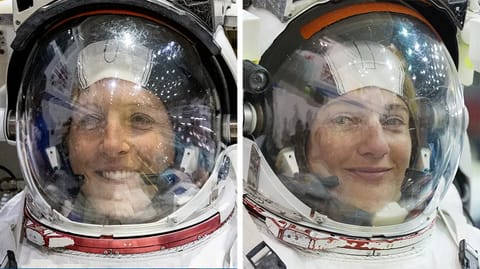 Astronauts Sophie Adenot of ESA and Jessica Meir of NASA are pictured training for a spacewalk at the Johnson Space Center’s Neutral Buoyancy Laboratory in Houston, Texas.