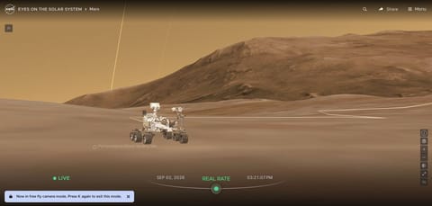 An image of the Perseverance rover sitting on Mars in its current position with full 3D terrain simulated in Eyes on the Solar System.