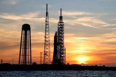 A Blue Origin New Glenn rocket is prepared for launch at the Cape Canaveral Space Force Station in Cape Canaveral, Florida