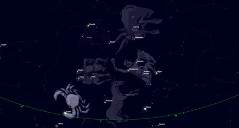 Star chart showing the eastern predawn sky on Sept. 9, 2026, with the zodiac constellations and planets visible above the horizon.