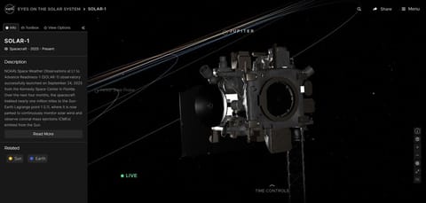 An image from the Eyes on the Solar System application showing the new SOLAR-1 spacecraft that was added to the app in August of 2026.
