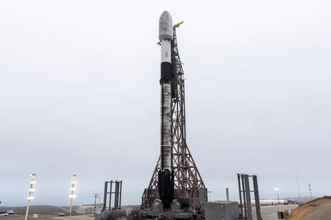 Falcon 9 vertical at pad 4E ahead of USSF-259 launch