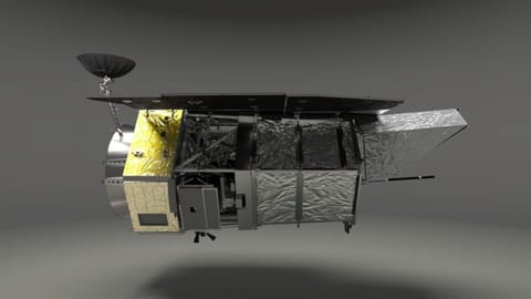 A visualization of the Roman Space Telescope facing horizontally onscreen.