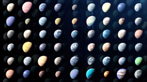 A bunch of exoplanets illustrated on a black screen.