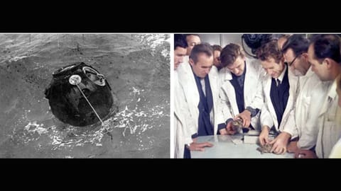 The Soviet Zond 5 rentry capsule in the ocean (left), Soviet scientists measure Zond 5 tortoises after their circumlunar flight in September 1968.