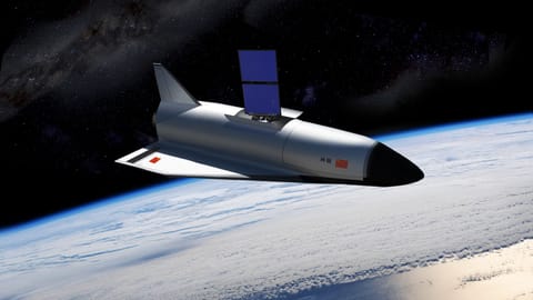 a white airplane-like spacecraft floats above a blue and white planet, with a starry background behind both