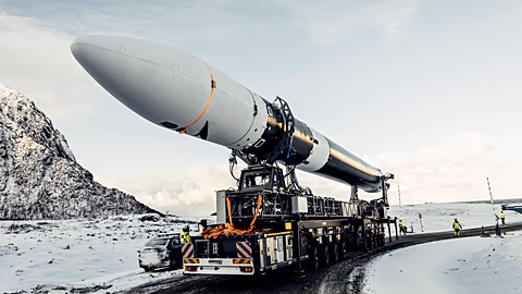 Isar Aerospace Launch Vehicle "Spectrum" rolls out at Andoya Spaceport in Nordmela, on Andøya island, Norway, on March 1, 2025.