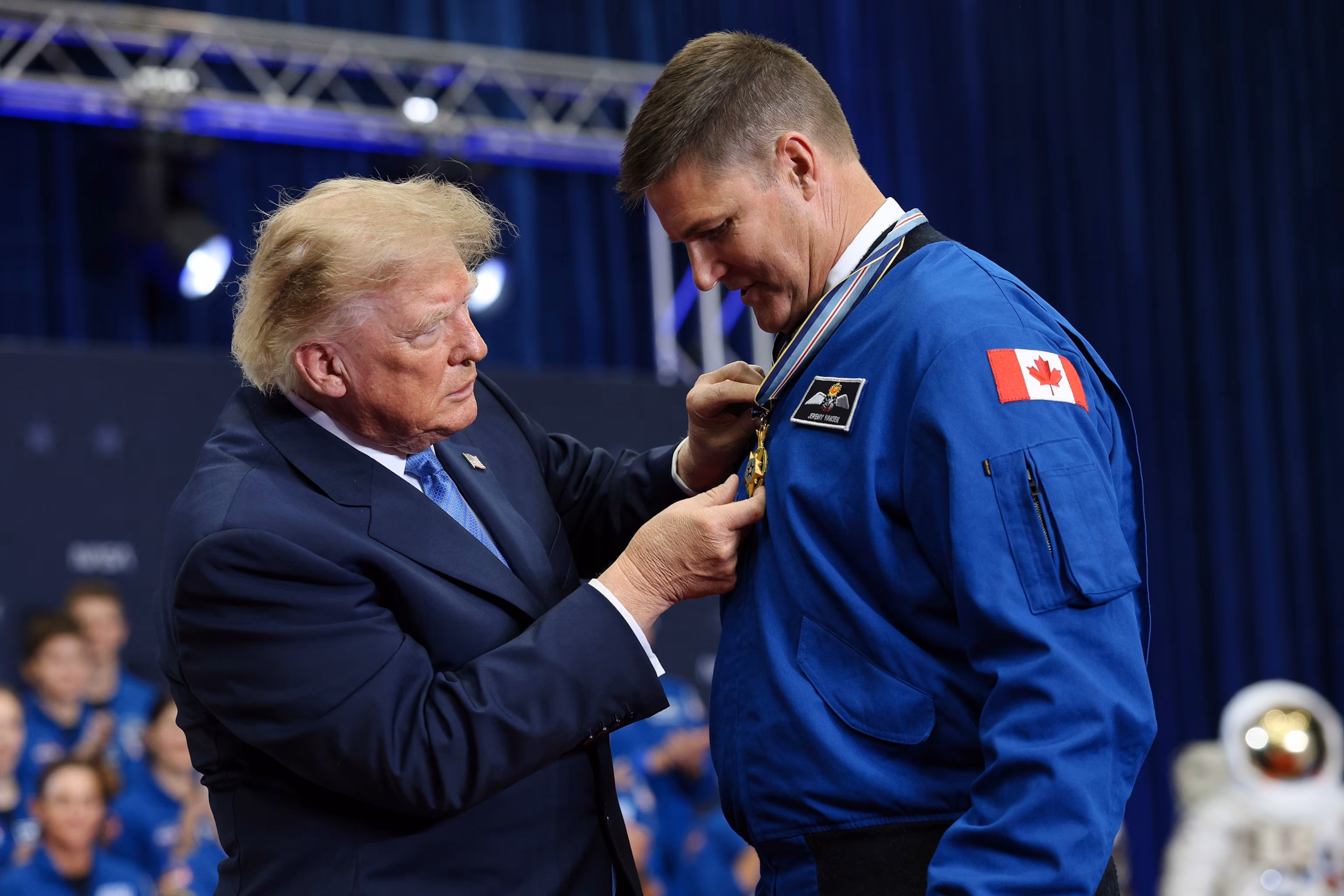 PHOTO: President Donald Trump awards the Congressional Space Medal of Honor to Jeremy Hansen of the Canadian Space Agency during a ceremony honoring Artemis II crew members at NASA's Johnson Space Center, August 28, 2026 in Houston, Texas.