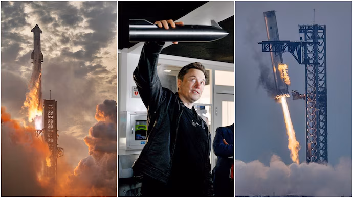 Elon Musk is seen holding a miniature model of Starship. (Photo: Reuters) Starship launch: Why is Flight 14 the most important flight for Elon Musk?