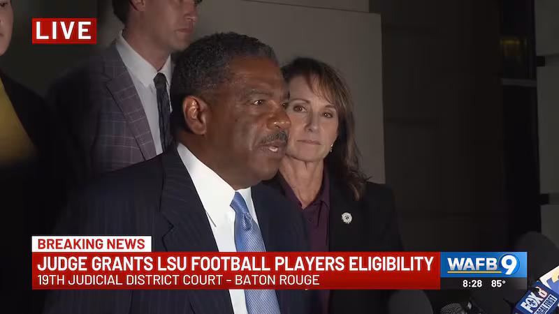 AG Liz Murrill, District Attorney Tony Clayton, and others spoke after a judge's ruling in...
